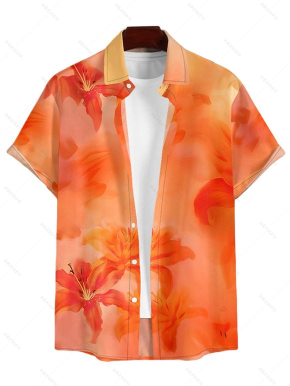 Vacation Couple Outfit Ombre Hibiscus Floral Print Spaghetti Strap V Neck A Line Mini Tank Dress and Roll Up Sleeve Shirt Matching Outfit - Orange S | US 4