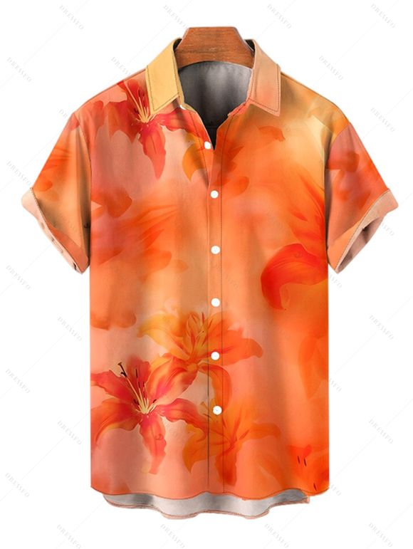 Vacation Couple Outfit Ombre Hibiscus Floral Print Spaghetti Strap V Neck A Line Mini Tank Dress and Roll Up Sleeve Shirt Matching Outfit - Orange S | US 4