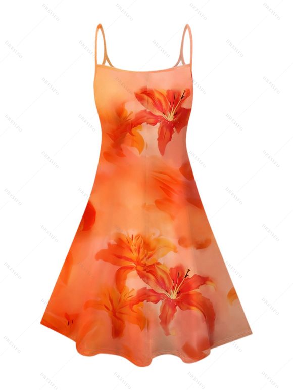 Mini Robe Ligne A Fleurie Plante Imprimées à Bretelle Fine - Orange XXXXXL | US 20