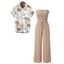 Casual Couple Outfit Solid Color Ruffle Off the Shoulder Wide Leg Jumpsuit and Leaf Print Shirt Set - café lumière S | US 4