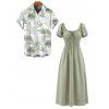Casual Couple Outfit Solid Color Tied Square Neck Puff Sleeve Dress and Leaf Print Shirt Set - Vert S | US 4