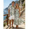 Hawaiian Couple Outfit Tropical Pinnate Leaf Leaf Print Pocket Tied Shoulder Dress and Shirt Set - Vert S | US 4