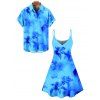 Vacation Couple Outfit Ombre Hibiscus Floral Print Spaghetti Strap V Neck A Line Mini Tank Dress and Roll Up Sleeve Shirt Matching Outfit - Bleu S | US 4