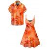 Vacation Couple Outfit Ombre Hibiscus Floral Print Spaghetti Strap V Neck A Line Mini Tank Dress and Roll Up Sleeve Shirt Matching Outfit - Orange S | US 4