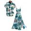 Vacation Couple Outfit Tiki Totem Hawaiian Pattern Lace Hollow Out Slit Dress and Shirt Set - Turquoise S | US 4