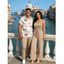 Casual Couple Outfit Solid Color Ruffle Off the Shoulder Wide Leg Jumpsuit and Leaf Print Shirt Set - Rose S | US 4