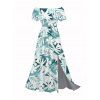 Hawaiian Dress Tie-Dye Tropical Leaf Print Flounce Off the Shoulder Slit Dress - Turquoise XXL | US 14