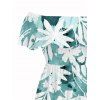 Hawaiian Dress Tie-Dye Tropical Leaf Print Flounce Off the Shoulder Slit Dress - Turquoise XXL | US 14
