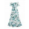 Hawaiian Dress Tie-Dye Tropical Leaf Print Flounce Off the Shoulder Slit Dress - Turquoise XXL | US 14