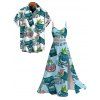 Vacation Couple Outfit Tiki Totem Hawaiian Pattern Lace Hollow Out Slit Dress and Shirt Set - Turquoise S | US 4