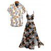 Vacation Couple Outfit Hawaiian Leaf Botanical Print Lace Hollow Out Slit Dress and Shirt Set - Noir S | US 4