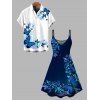 Vacation Couple Outfit Watercolor Butterfly Scroll Print Spaghetti Strap Dress and Shirt Set - Bleu Marine S | US 4
