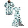 Vacation Couple Outfit Tie-Dye Tropical Leaf Print Flounce Slit Dress and Shirt Set - Turquoise S | US 4