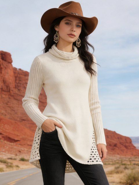 Pull long ajouré de couleur unie Pull à col bénitier et manches longues