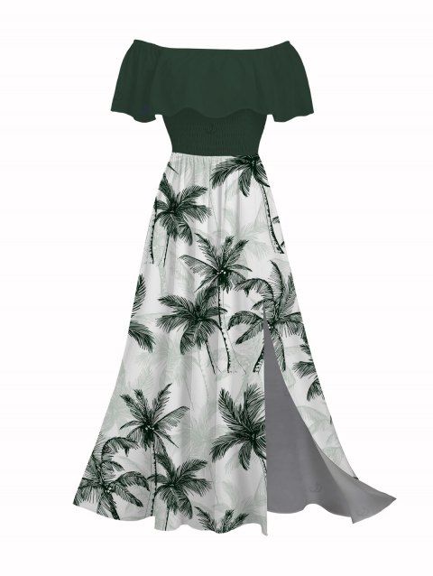 Vacation Dress Colorblock Coconut Tree Print Flounce Off the Shoulder Smocked Slit Dress