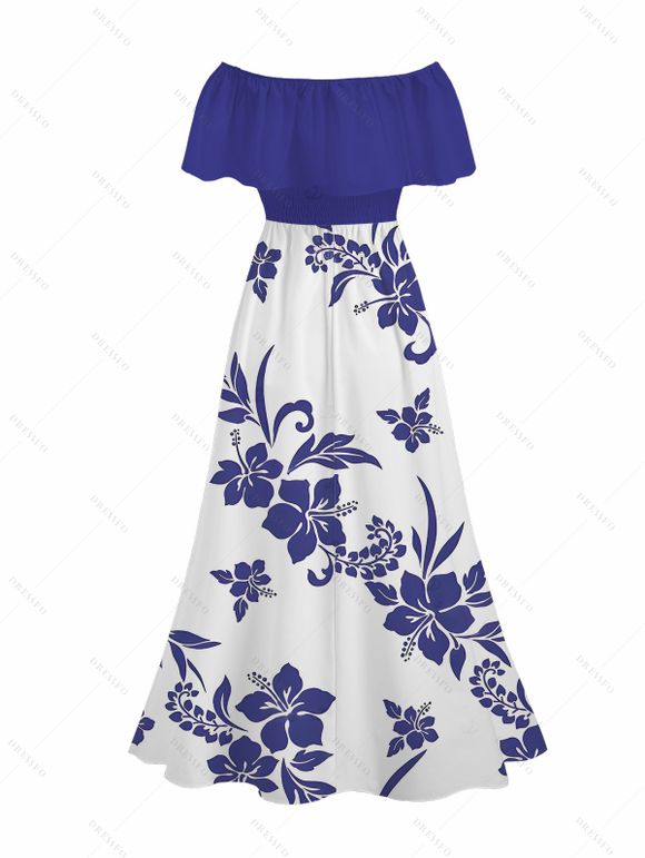 Vacation Dress Hibiscus Floral Print Flounce Off the Shoulder Smocked Slit Dress - Bleu XXXL | US 16