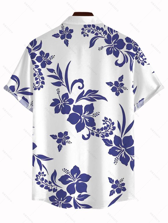 Men's Vacation Shirt Hibiscus Floral Print Button Up Shirt - Bleu 5XL