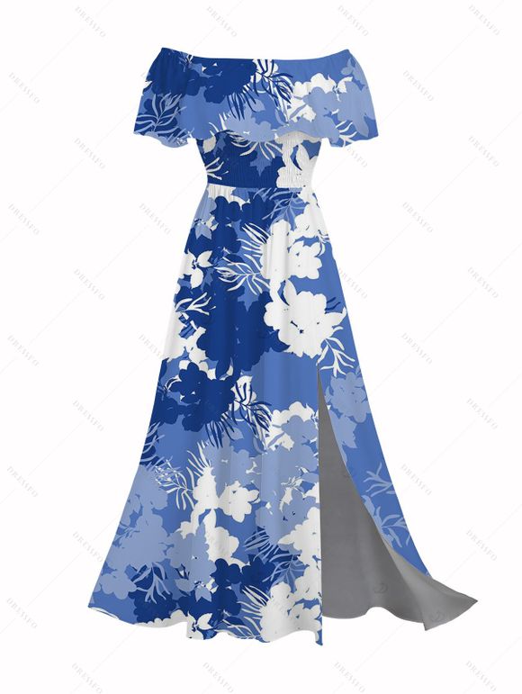 Vacation Couple Outfit Ink Wash Floral Print Flounce Smocked Slit Dress and Shirt Set - Bleu Ciel S | US 4