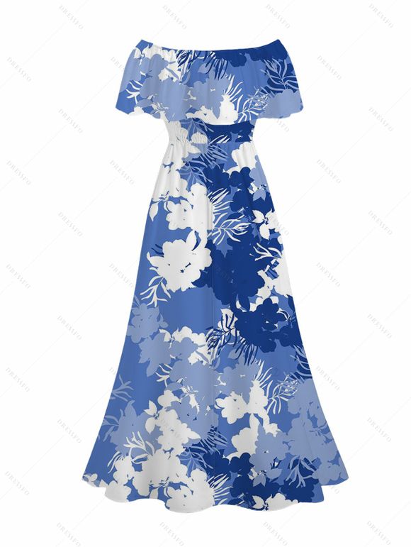 Vacation Couple Outfit Ink Wash Floral Print Flounce Smocked Slit Dress and Shirt Set - Bleu Ciel S | US 4