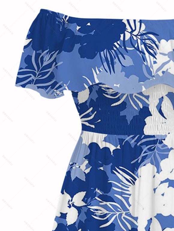 Vacation Couple Outfit Ink Wash Floral Print Flounce Smocked Slit Dress and Shirt Set - Bleu Ciel S | US 4