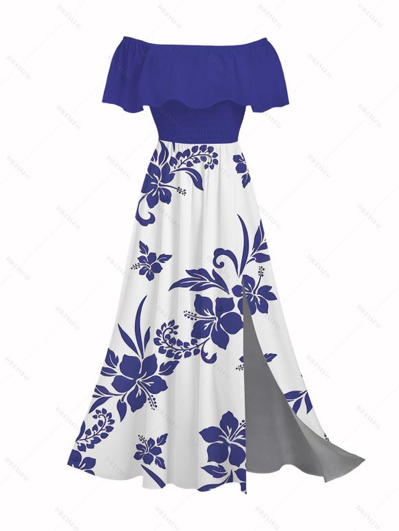 Vacation Couple Outfit Hibiscus Floral Print Flounce Smocked Slit Dress and Shirt Set - Bleu S | US 4