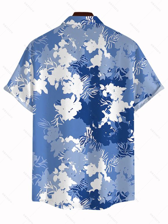 Vacation Couple Outfit Ink Wash Floral Print Flounce Smocked Slit Dress and Shirt Set - Bleu Ciel S | US 4