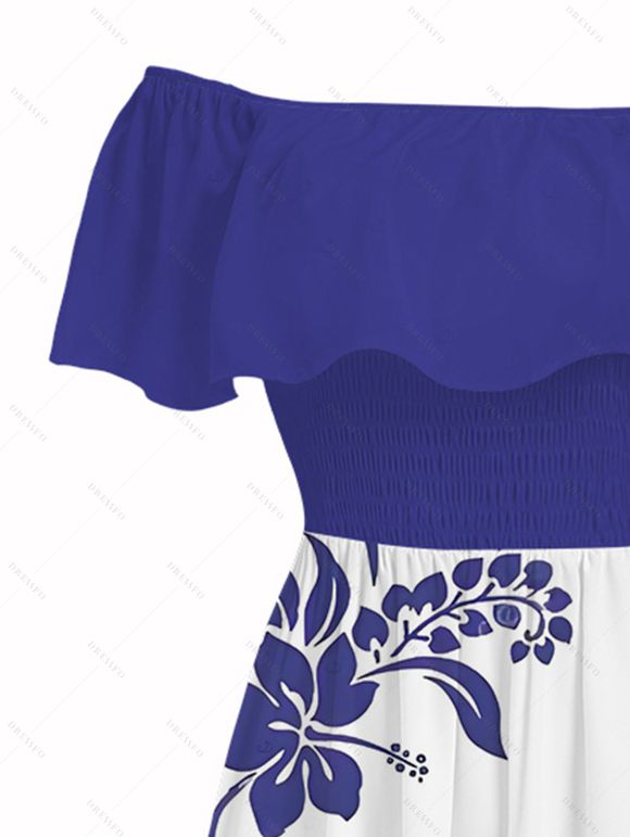 Vacation Couple Outfit Hibiscus Floral Print Flounce Smocked Slit Dress and Shirt Set - Bleu S | US 4