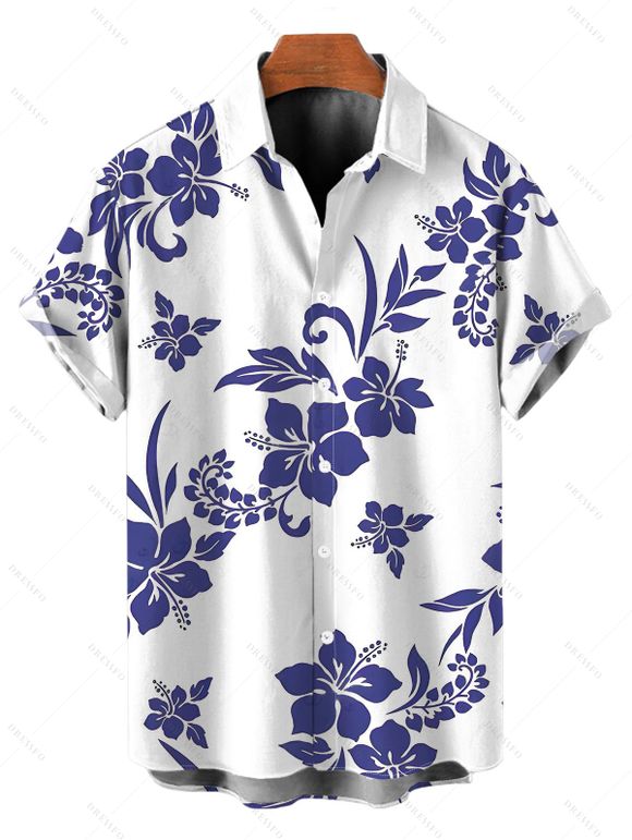 Vacation Couple Outfit Hibiscus Floral Print Flounce Smocked Slit Dress and Shirt Set - Bleu S | US 4