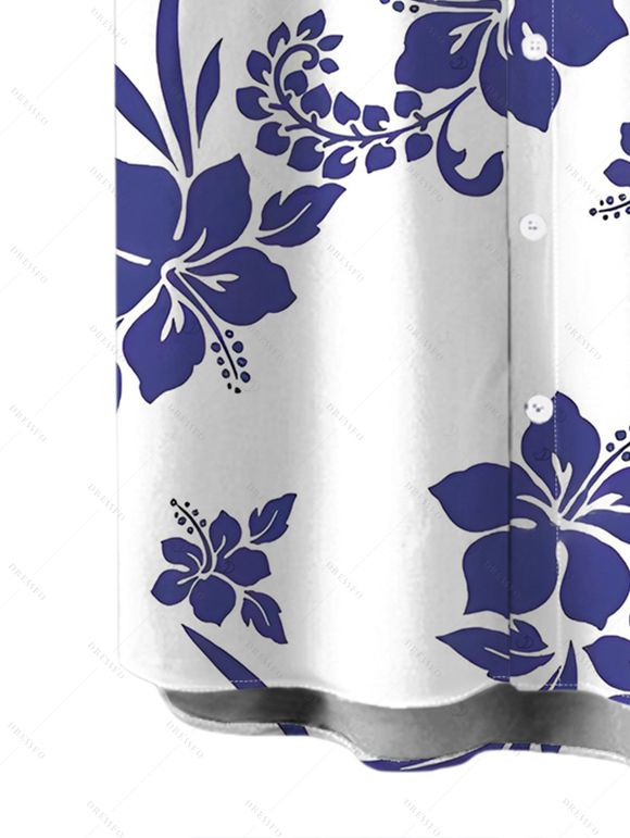 Vacation Couple Outfit Hibiscus Floral Print Flounce Smocked Slit Dress and Shirt Set - Bleu S | US 4