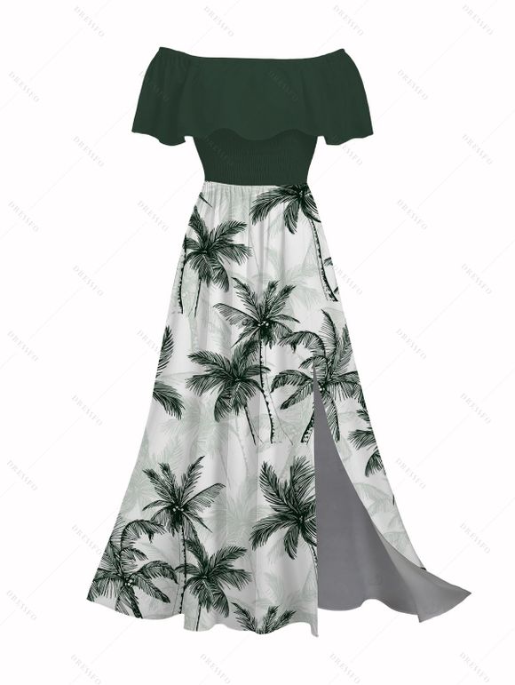 Vacation Couple Outfit Colorblock Coconut Tree Print Flounce Smocked Slit Dress and Shirt Set - Vert Armée S | US 4