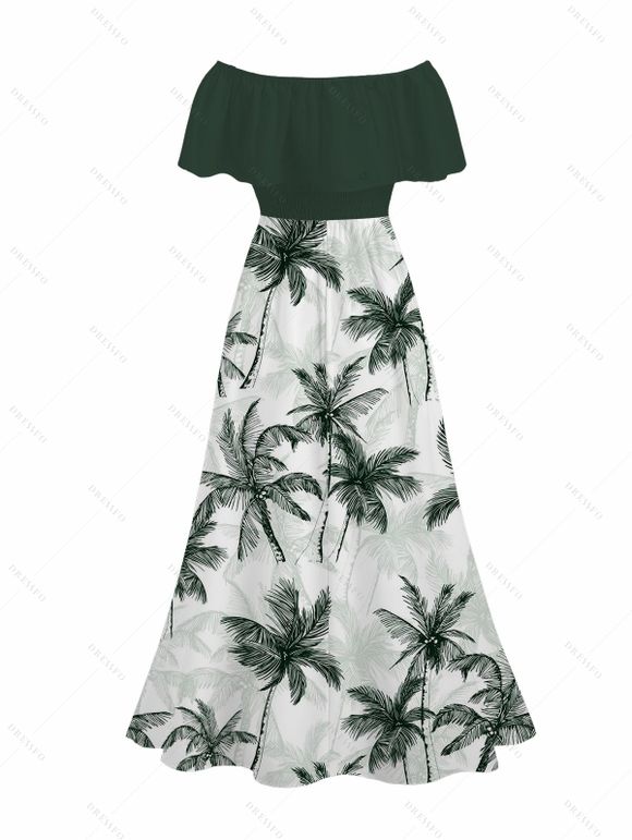 Vacation Couple Outfit Colorblock Coconut Tree Print Flounce Smocked Slit Dress and Shirt Set - Vert Armée S | US 4