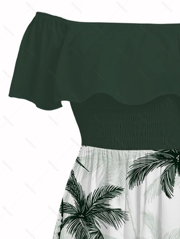 Vacation Couple Outfit Colorblock Coconut Tree Print Flounce Smocked Slit Dress and Shirt Set - Vert Armée S | US 4