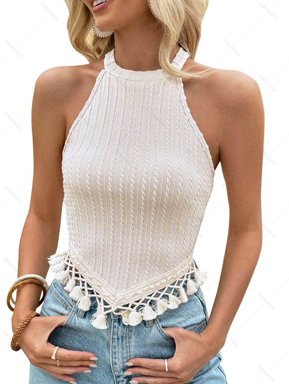 Vacation Tank Top Solid Color Tassel Slim Fit Textured Tank Top - Blanc XL | US 10