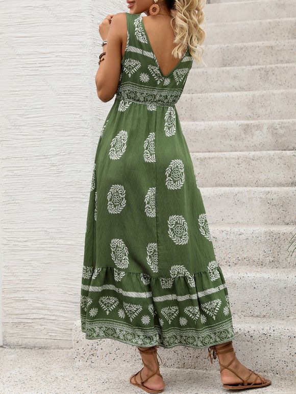 Vacation Dress Ethnic Floral Print Tied Plunge Neck Maxi Dress - PLANT GREEN XL | US 10