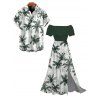 Vacation Couple Outfit Colorblock Coconut Tree Print Flounce Smocked Slit Dress and Shirt Set - Vert Armée S | US 4