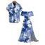 Vacation Couple Outfit Ink Wash Floral Print Flounce Smocked Slit Dress and Shirt Set - Bleu Ciel S | US 4
