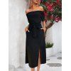 Solid Color Dress Off the Shoulder Slit Midi Belt Dress - Noir S | US 4