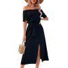 Solid Color Dress Off the Shoulder Slit Midi Belt Dress - Noir L | US 8