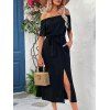 Solid Color Dress Off the Shoulder Slit Midi Belt Dress - Noir L | US 8