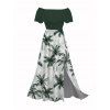 Vacation Dress Colorblock Coconut Tree Print Flounce Off the Shoulder Smocked Slit Dress - Vert Armée XXXL | US 16