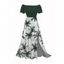 Vacation Dress Colorblock Coconut Tree Print Flounce Off the Shoulder Smocked Slit Dress - Vert Armée XXXL | US 16