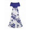 Vacation Dress Hibiscus Floral Print Flounce Off the Shoulder Smocked Slit Dress - Bleu XXXL | US 16