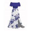 Vacation Dress Hibiscus Floral Print Flounce Off the Shoulder Smocked Slit Dress - Bleu XXXL | US 16