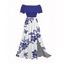 Vacation Dress Hibiscus Floral Print Flounce Off the Shoulder Smocked Slit Dress - Bleu XXXL | US 16
