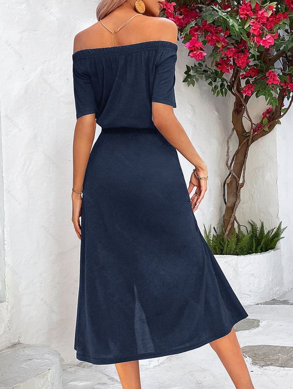 Solid Color Dress Off the Shoulder Slit Midi Belt Dress - Bleu de Minuit XL | US 10