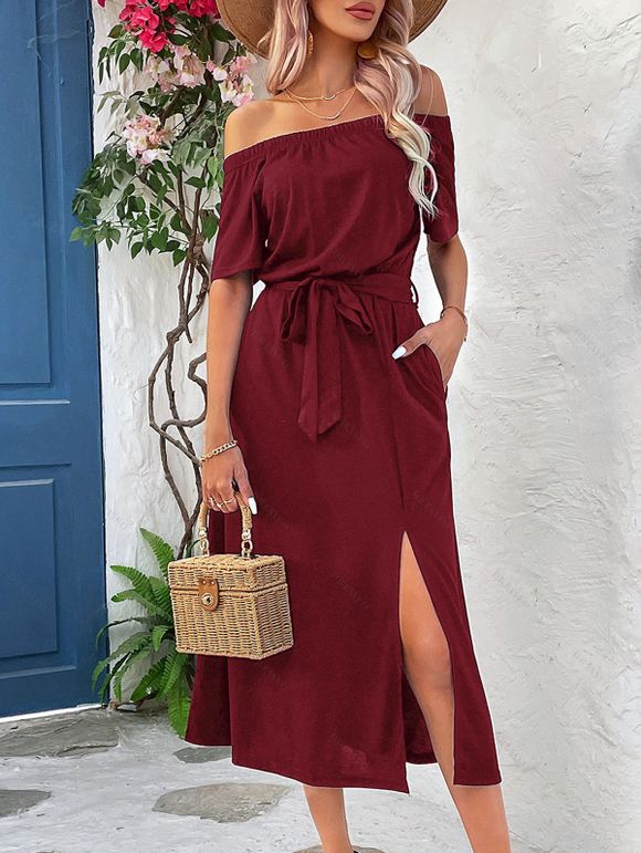Solid Color Dress Off the Shoulder Slit Midi Belt Dress - Rouge Vineux XL | US 10