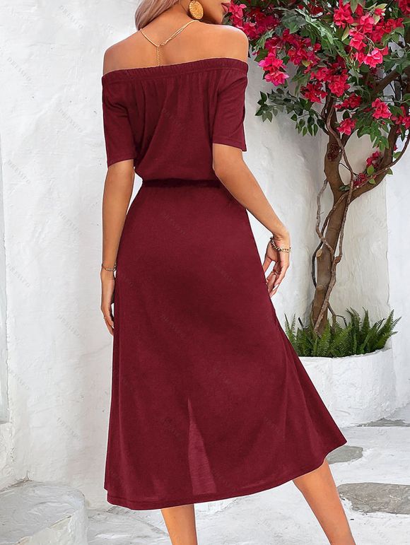 Solid Color Dress Off the Shoulder Slit Midi Belt Dress - Rouge Vineux XL | US 10