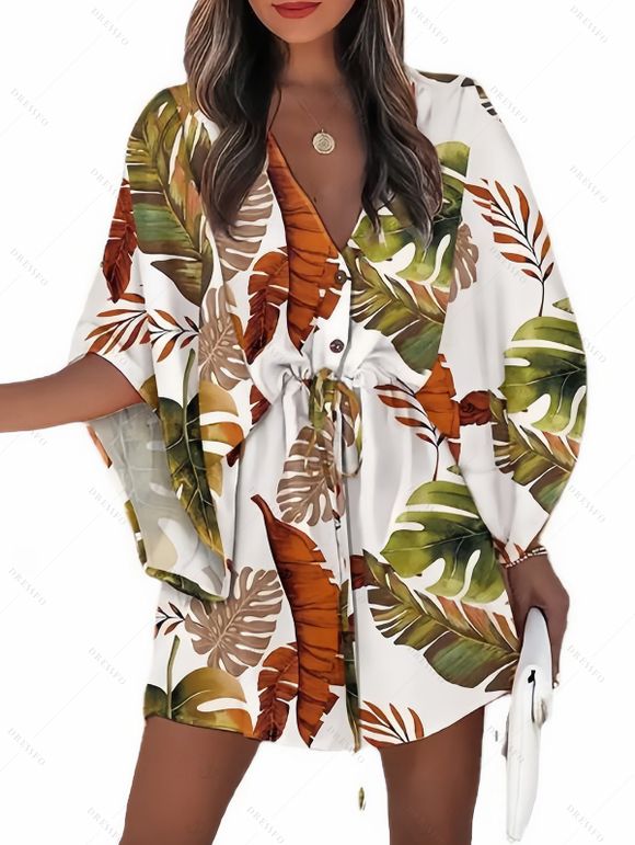 Vacation Dress for Beach Tropical Leaf Print Tied V Neck Mini Dress - Blanc XXL | US 12