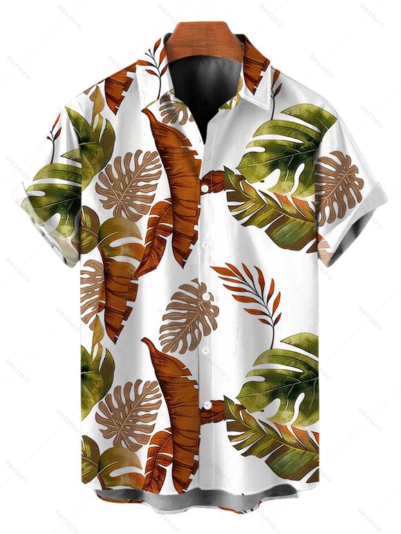 Vacation Couple Outfit for Beach Tropical Leaf Print Tied V Neck Dress and Shirt Set - Blanc S | US 4