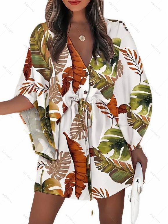 Vacation Couple Outfit for Beach Tropical Leaf Print Tied V Neck Dress and Shirt Set - Blanc S | US 4